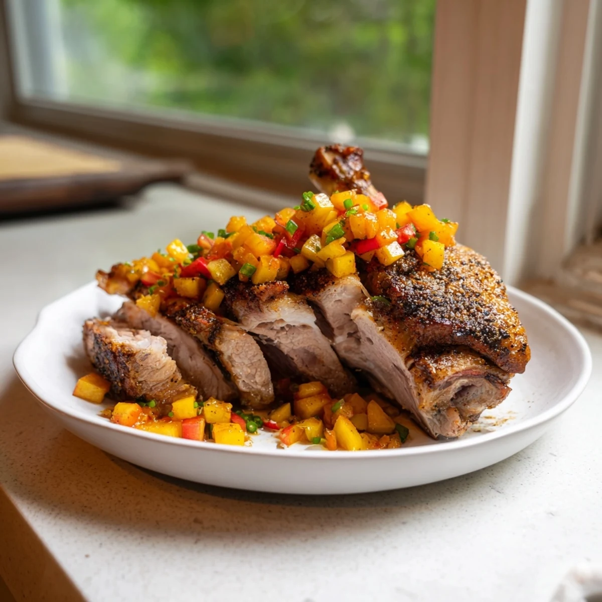 Golden-brown slow-roasted pork shoulder, ready to shred, with tangy apple-chive chutney.