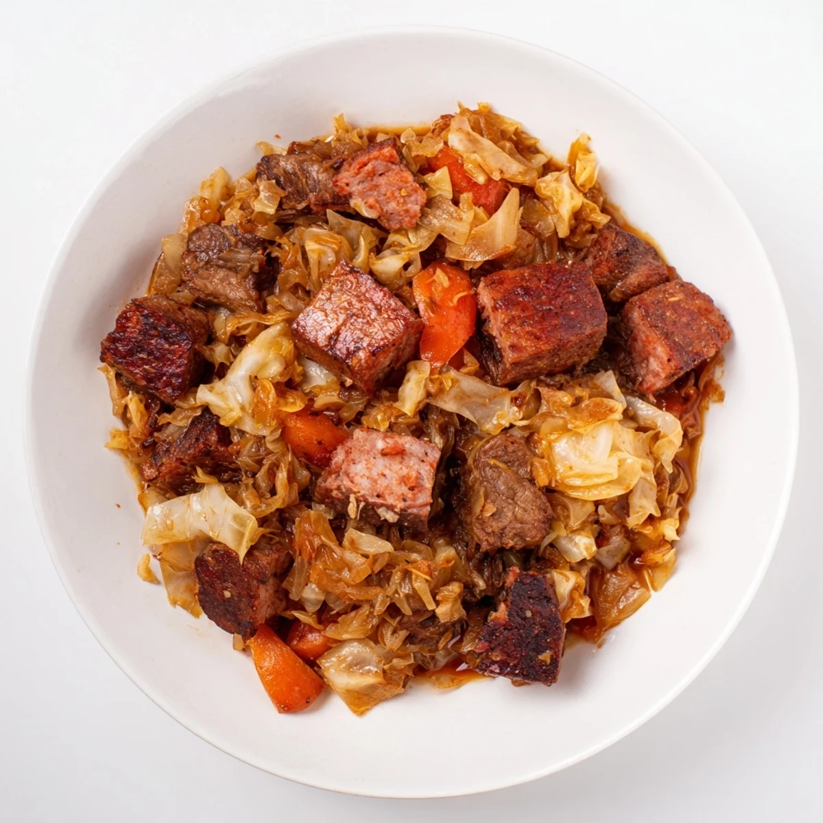 A flavorful bowl of Bigos, loaded with tender meats, vegetables, and savory tomato sauce.