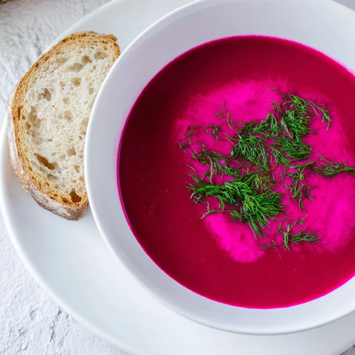 Velvety smooth creamy beet soup, rich in flavor, beautifully presented for a satisfying meal.