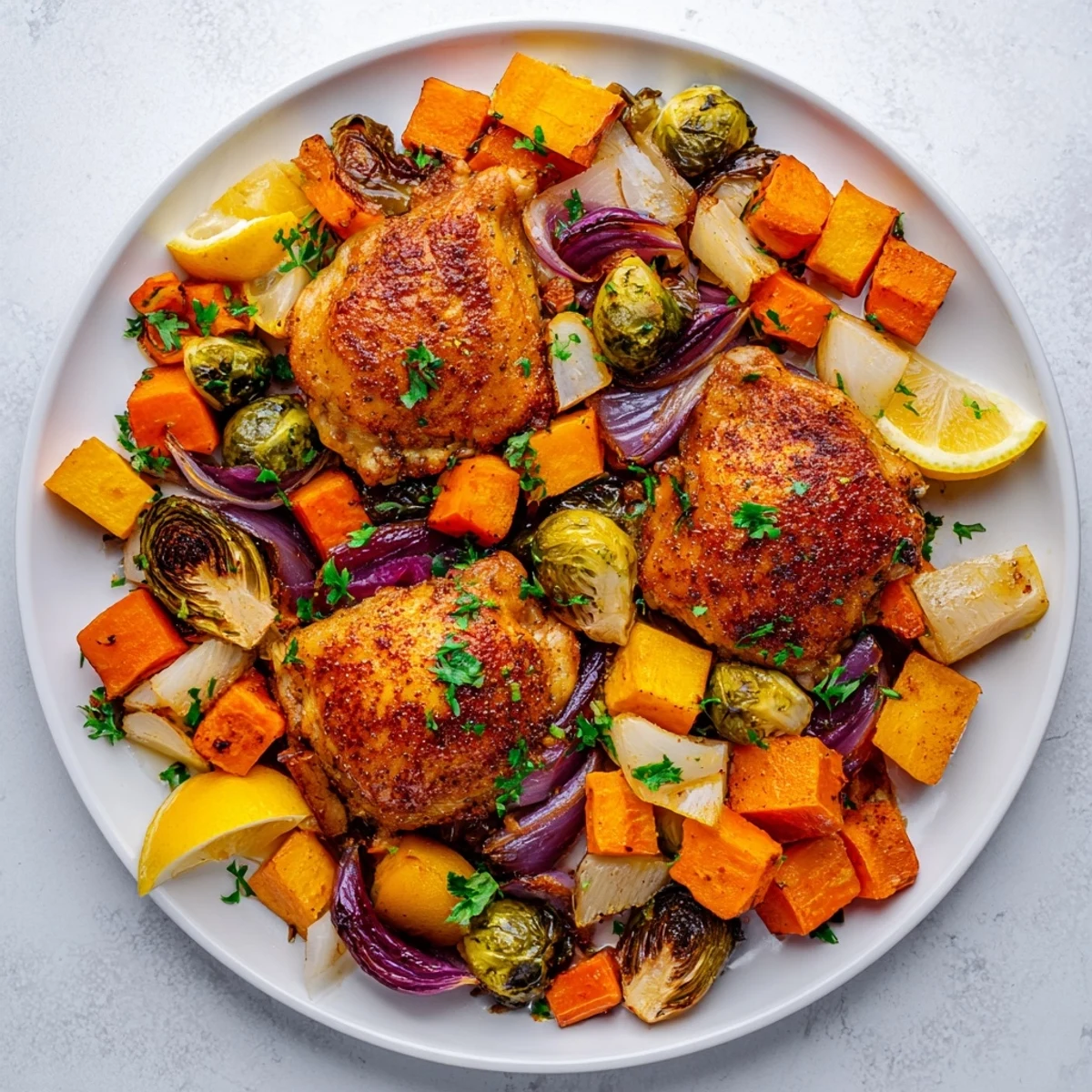 Pyszne jednorynkowe pieczone warzywa zimowe z kurczakiem, gotowe do podania z świeżymi ziołami i sokiem z cytryny.