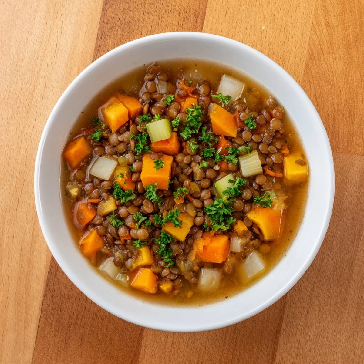 Warm Lentil Stew with Root Vegetables, steaming in a bowl, perfect for a cozy, comforting dinner.