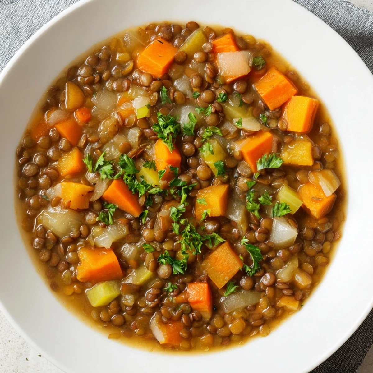 A close-up view of a hearty Warm Lentil Stew with Root Vegetables, garnished with fresh parsley and lemon.