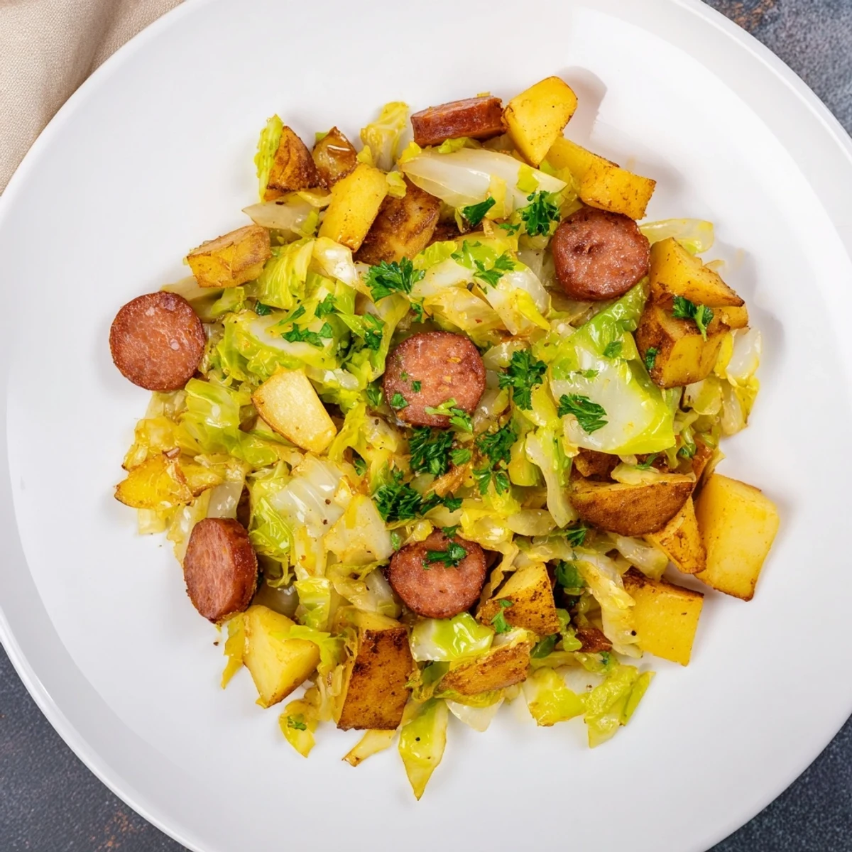 Sizzling Simple Potato & Cabbage Skillet, with browned kielbasa, herbs, and vibrant cabbage, steaming.