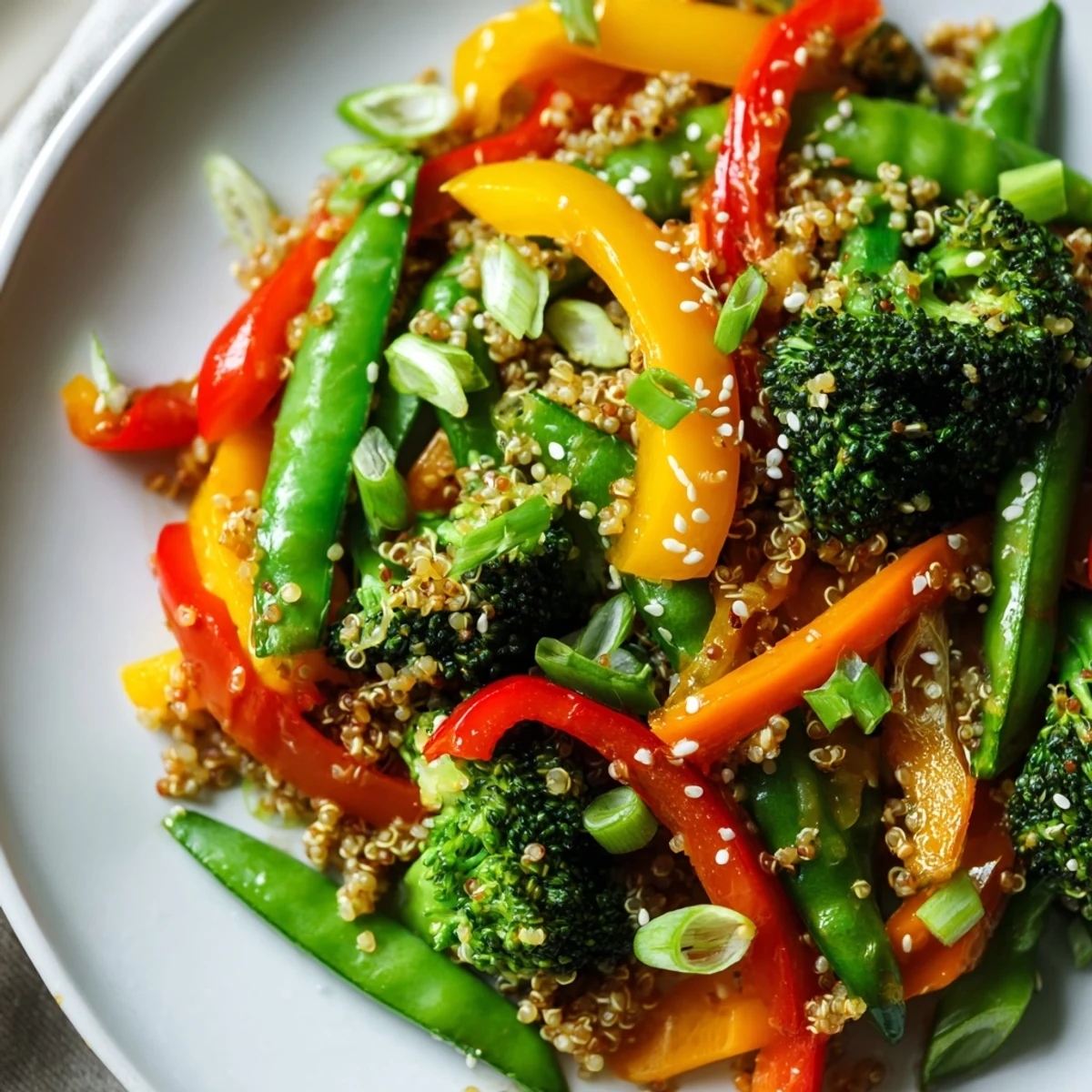 Steaming Frozen Vegetable Stir-Fry with buckwheat, visually appealing with a soy sauce glaze and fresh herbs.