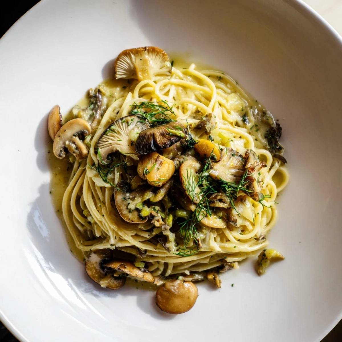 A close-up of delicious Pasta with Sautéed Mushrooms & Garlic, a vibrant Polish inspired dish.
