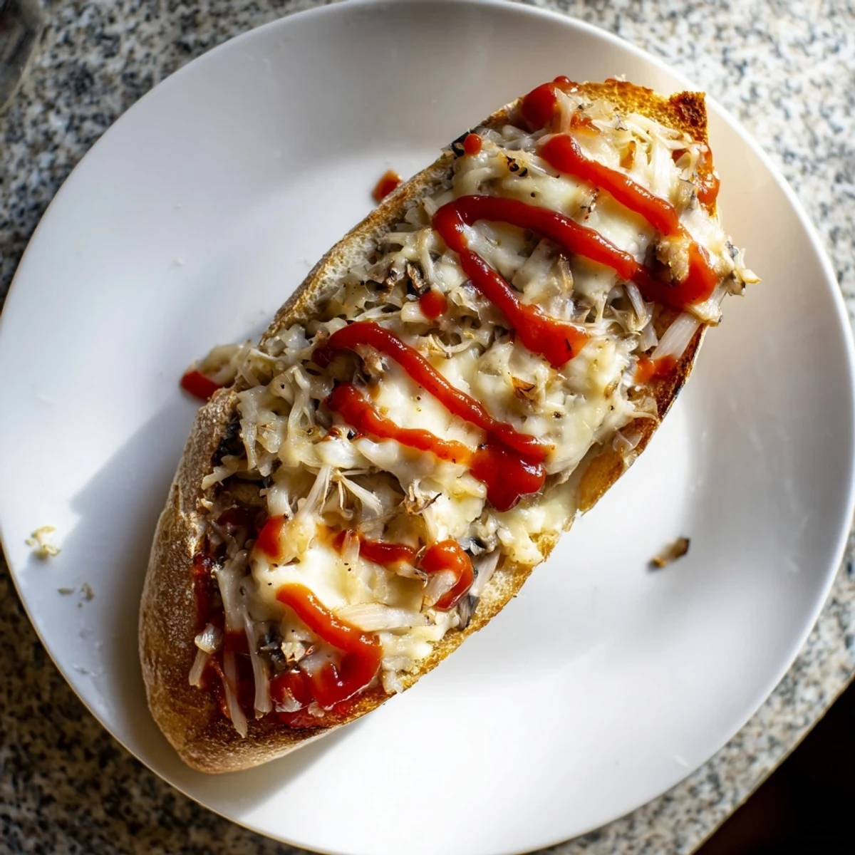 Apetyczna zapiekanka, pieczona z chrupiącą bagietką, idealna na szybki i satysfakcjonujący posiłek.