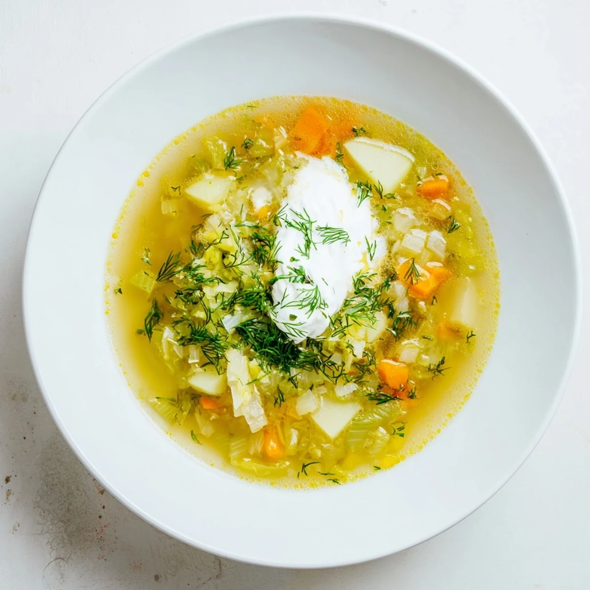 Steaming Polish pickle soup, a comforting vegetarian meal with potatoes and pickles.