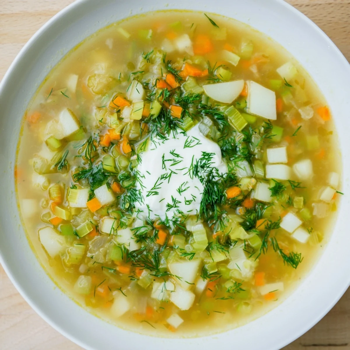 Close-up of a rustic bowl filled with tangy Polish pickle soup, ready to be enjoyed.
