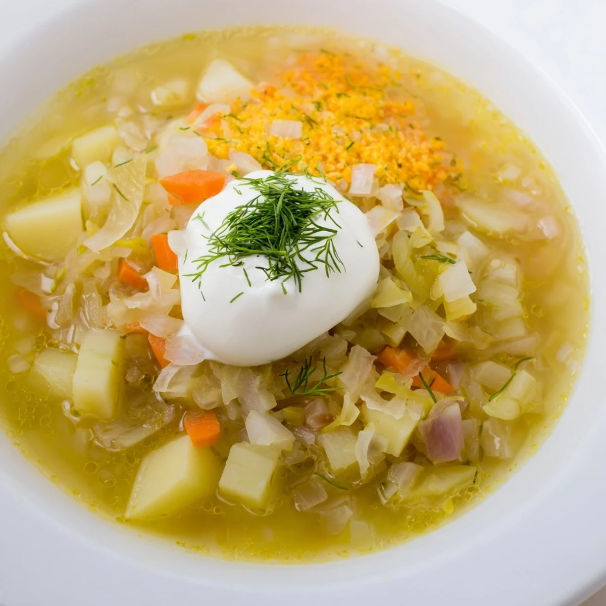 Warm bowl of Polish pickle soup, creamy and fragrant, with fresh dill garnish.