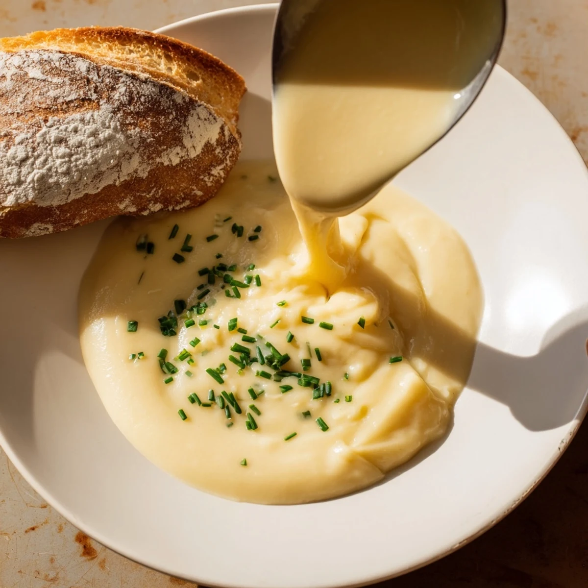 Warm, creamy homemade potato and leek soup, served with a freshly baked golden crust bread.
