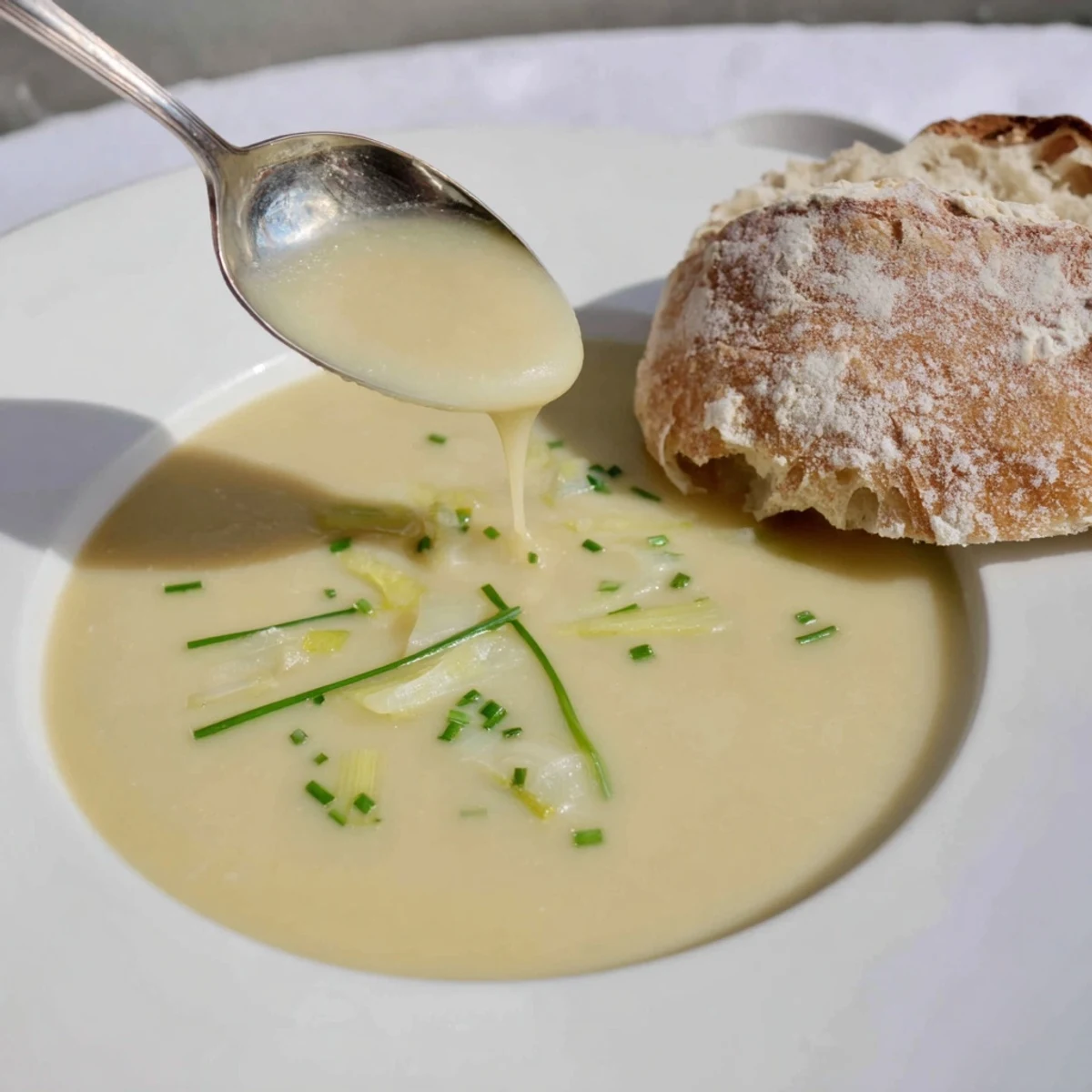A steaming bowl of potato and leek soup contrasted by crusty, fragrant, homemade bread.