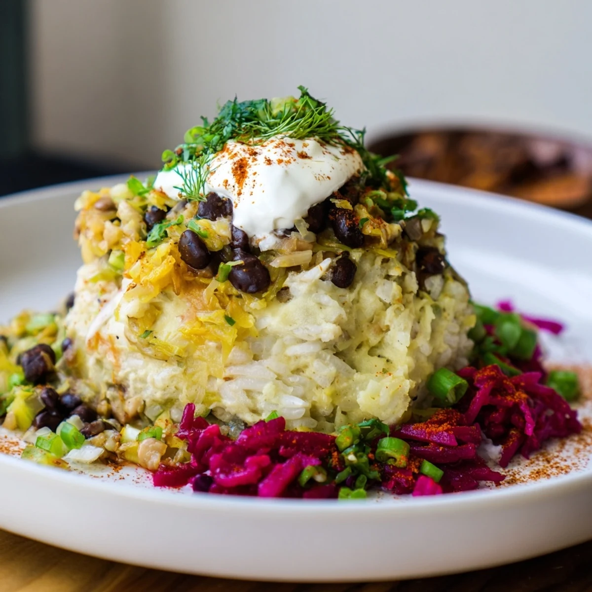 Hearty rice & beans burrito bowl; a fusion of Polish flavors and Mexican ingredients.