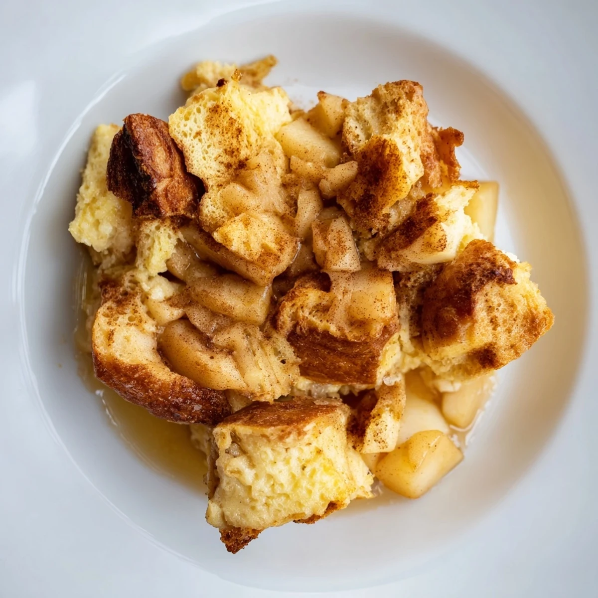 Golden-brown bread pudding with apples and cinnamon, perfect for a cozy dessert, served warm.