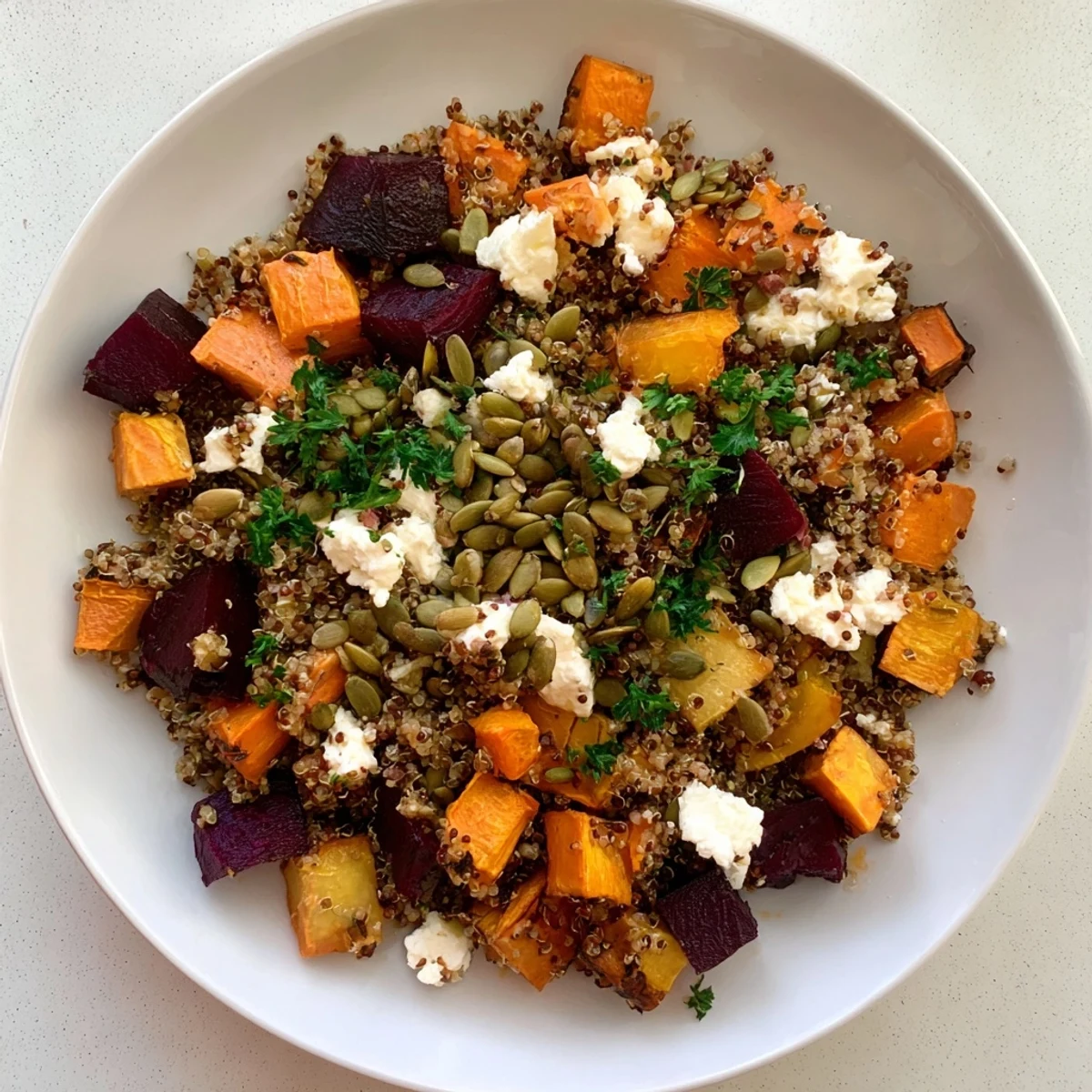 A brightly-lit shot of the Warm Quinoa and Roasted Root Vegetable Salad, ready to eat.
