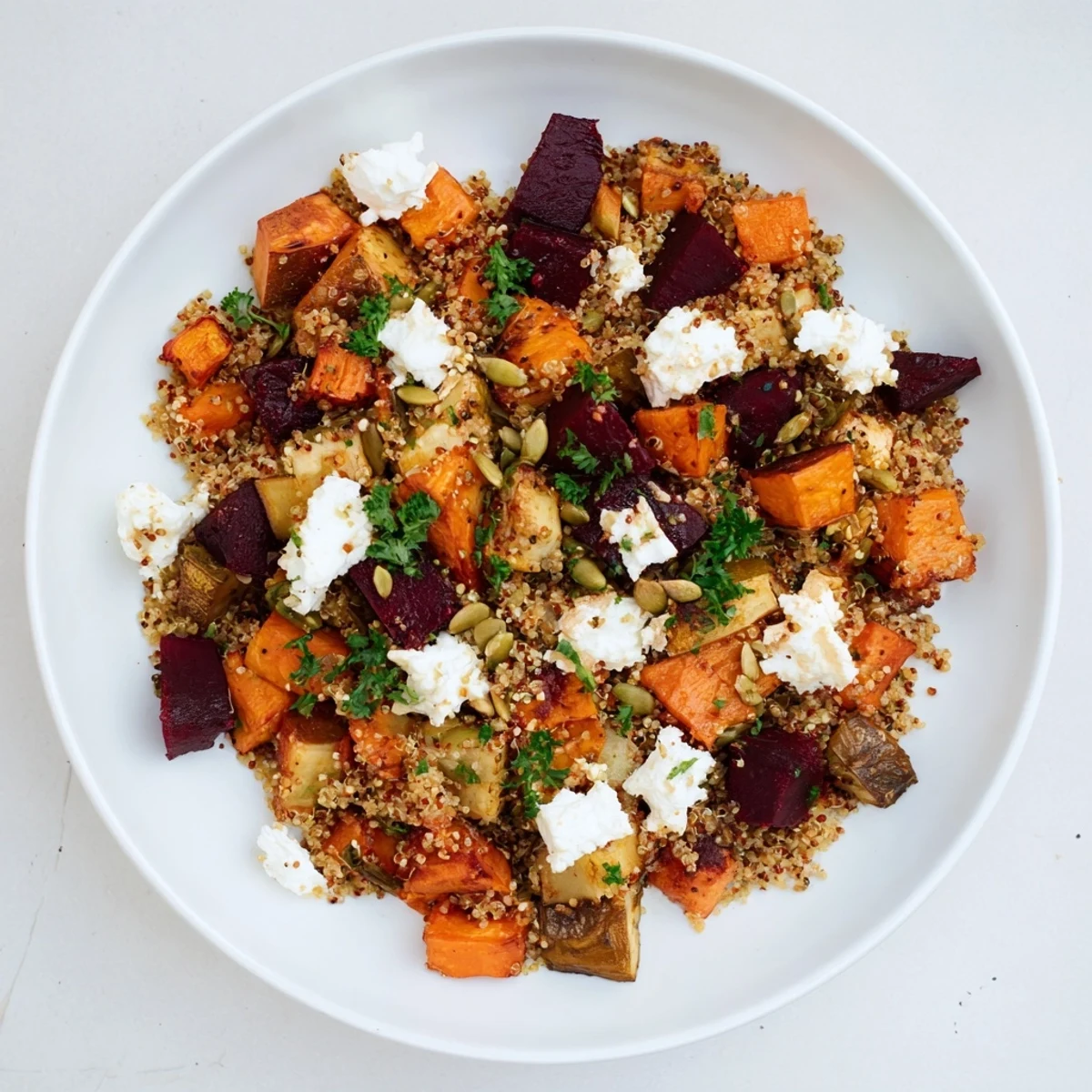 Warm Quinoa and Roasted Root Vegetable Salad with feta, colorful and flavorful, served in a bowl.