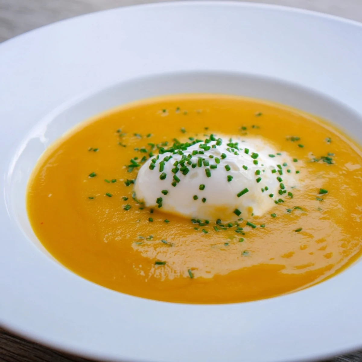 A steaming bowl of pumpkin soup, garnished with sour cream beside crusty bread.