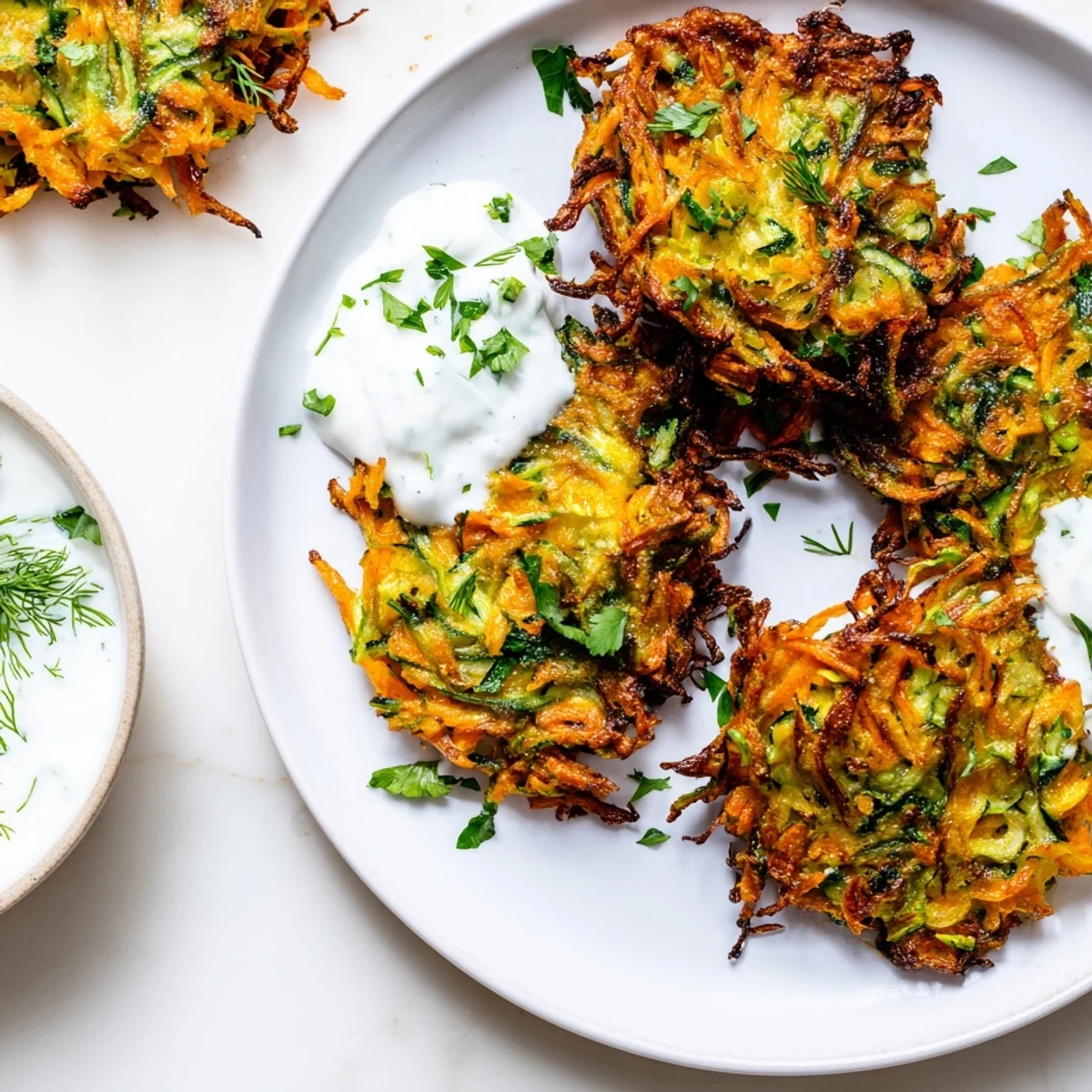 Złociste placuszki warzywne z sosem czosnkowym, idealne na szybką przekąskę w kuchni śródziemnomorskiej.