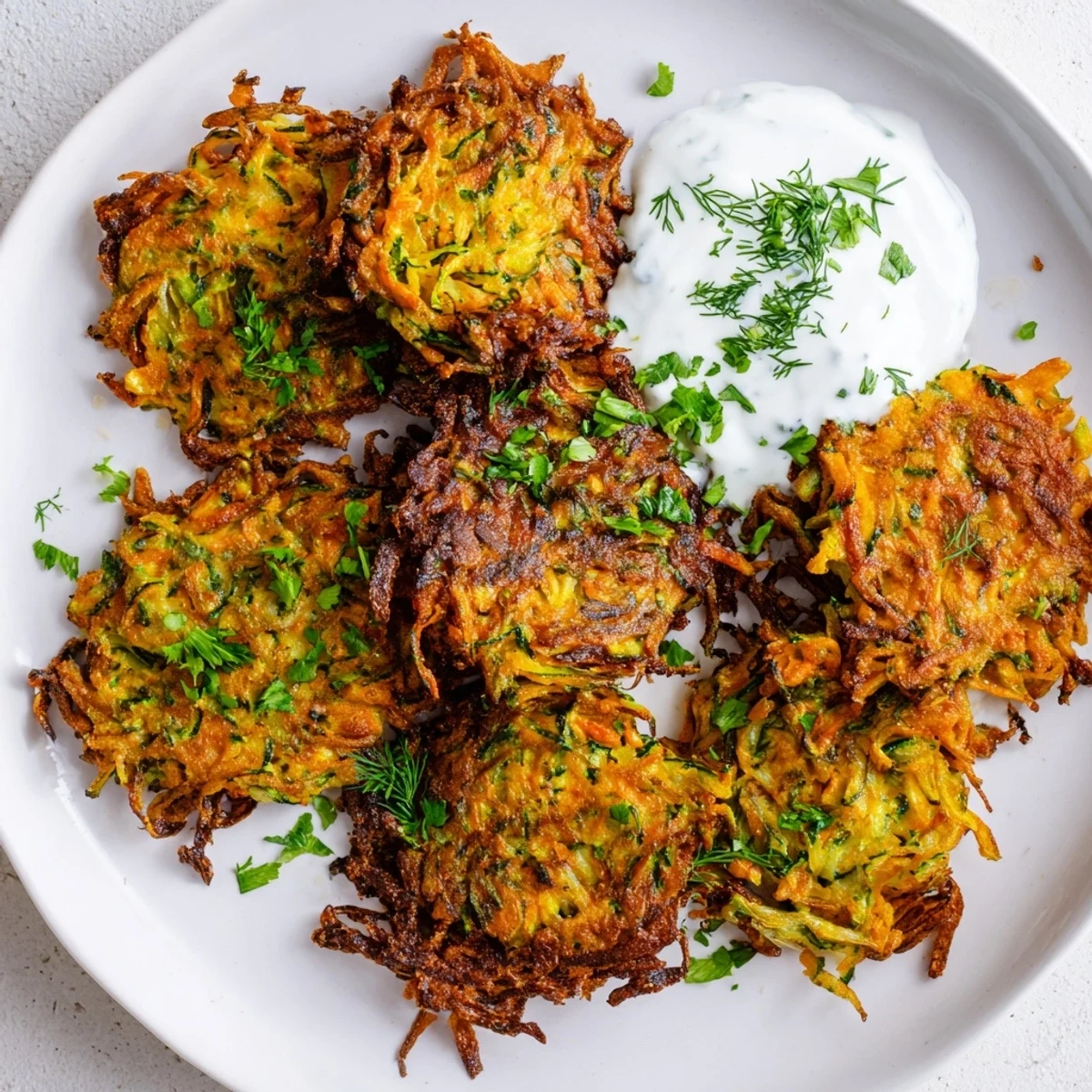 Smażone placuszki warzywne z chrupiącą skórką i kremowym sosem jogurtowo-czosnkowym na zdjęciu.