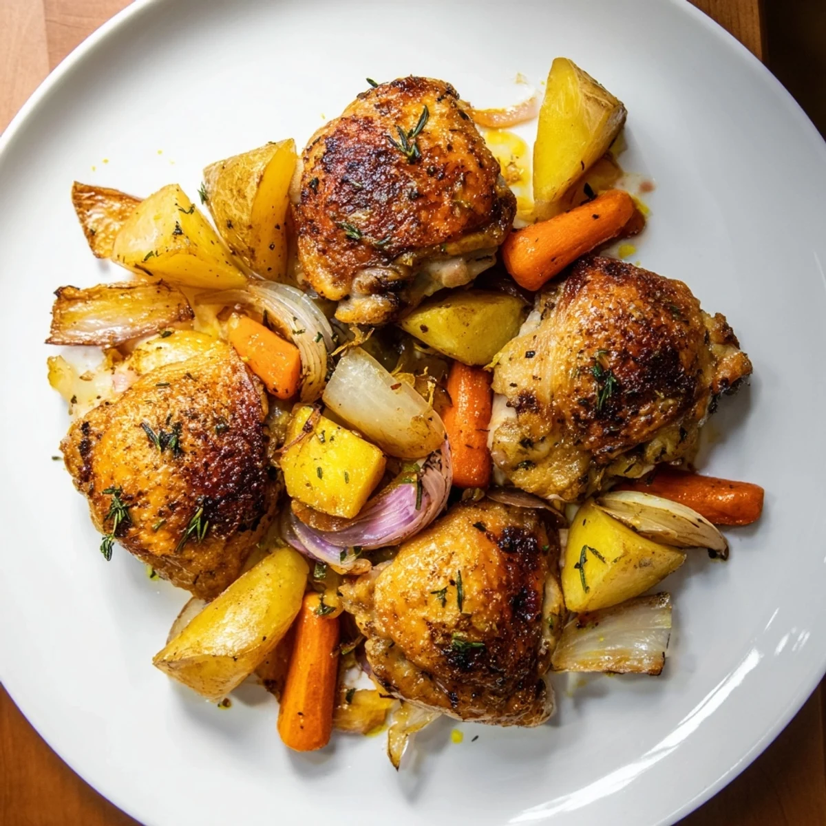 Aromatic one-pan roasted chicken thighs with vibrant vegetables, perfectly seasoned, and ideal for a weeknight dinner.
