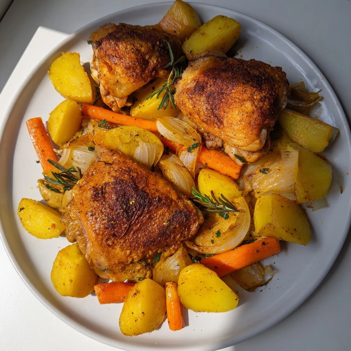 Juicy, golden-brown one-pan roasted chicken thighs with tender carrots and potatoes, ready to serve.