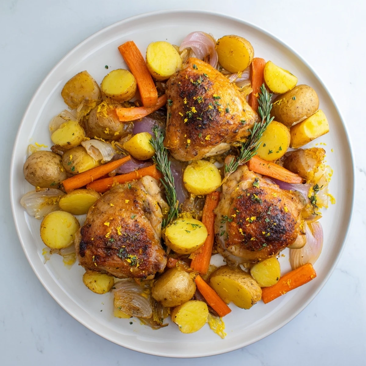 Delicious, flavorful one-pan roasted chicken thighs, surrounded by roasted carrots and potatoes, a complete meal.