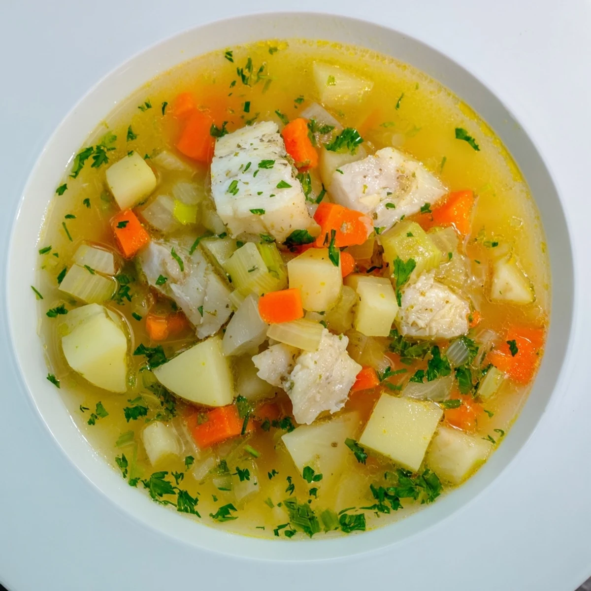 Kremowy, parujący talerz fish stew z pełnią kolorowych warzyw korzeniowych.