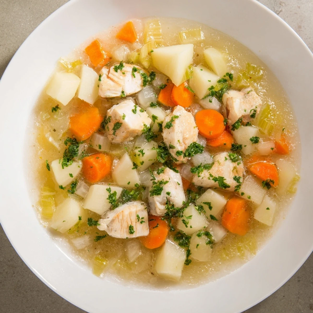 Apetyczny widok fish stew: obfite kawałki ryby z warzywami pływające w aromatycznym bulionie.