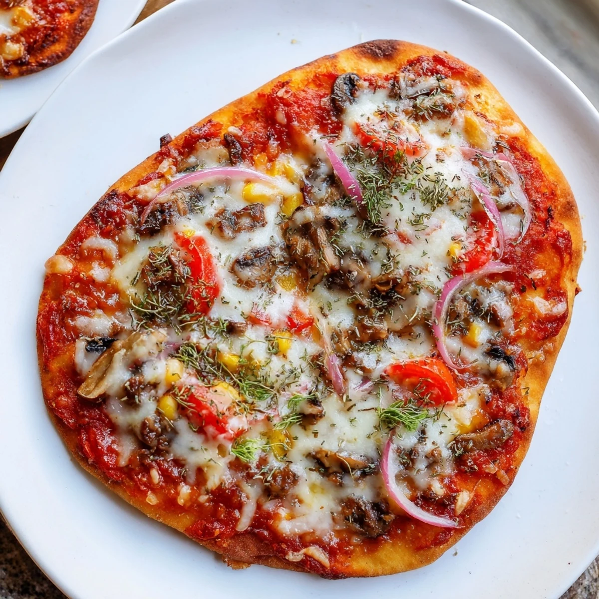 Golden-crusted homemade flatbread pizza, fragrant with Polish herbs and colorful vegetable toppings.