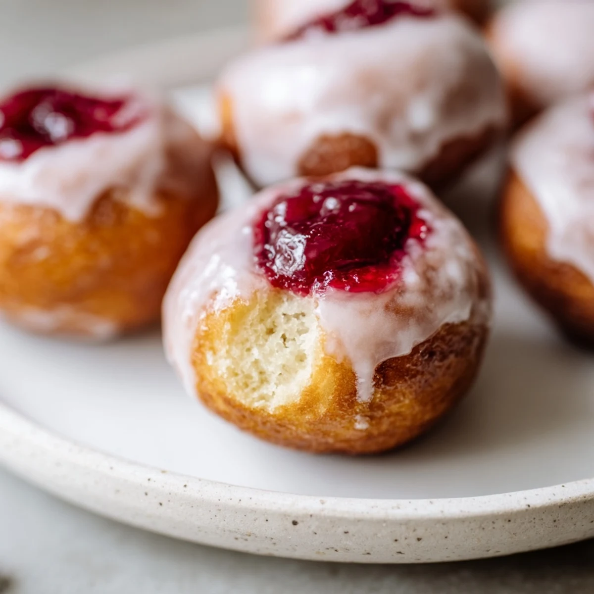 Fluffy, golden Cherry-Coded PączkiHoles, glazed and filled with sweet cherry jam, ready to eat.