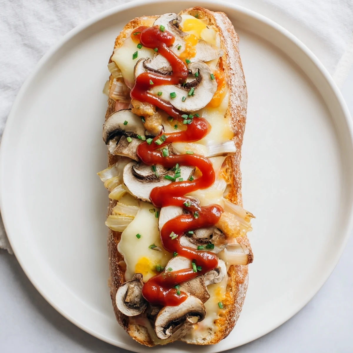 A close-up of Air Fryer Zapiekanka, showing perfectly melted cheese atop savory mushrooms.