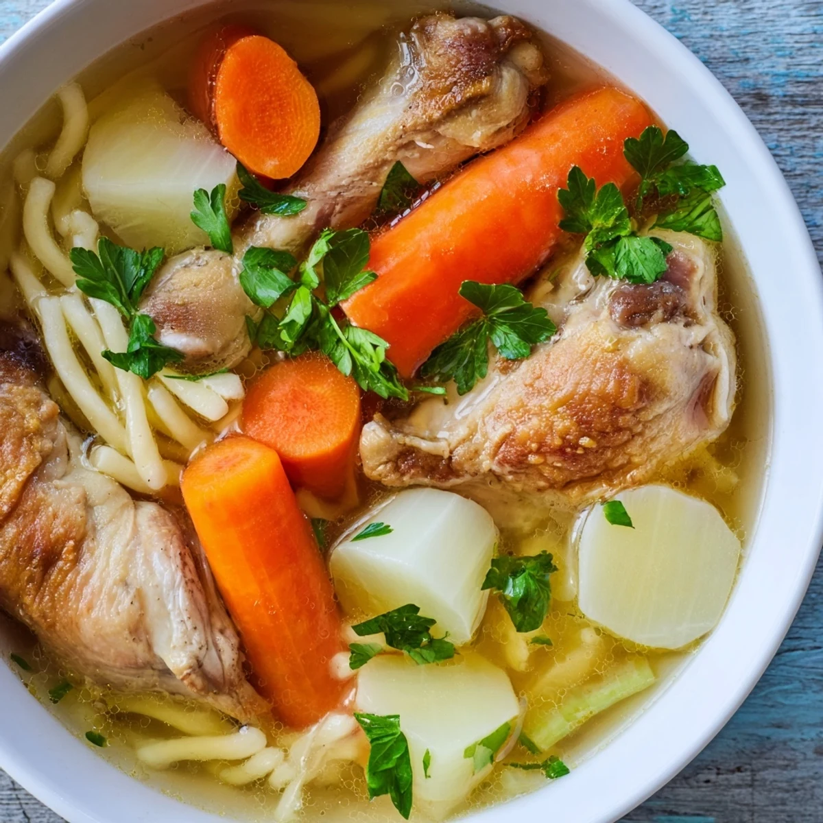 Polish Chicken Soup (Rosół) with vegetables, steaming and ready to serve with fresh herbs.