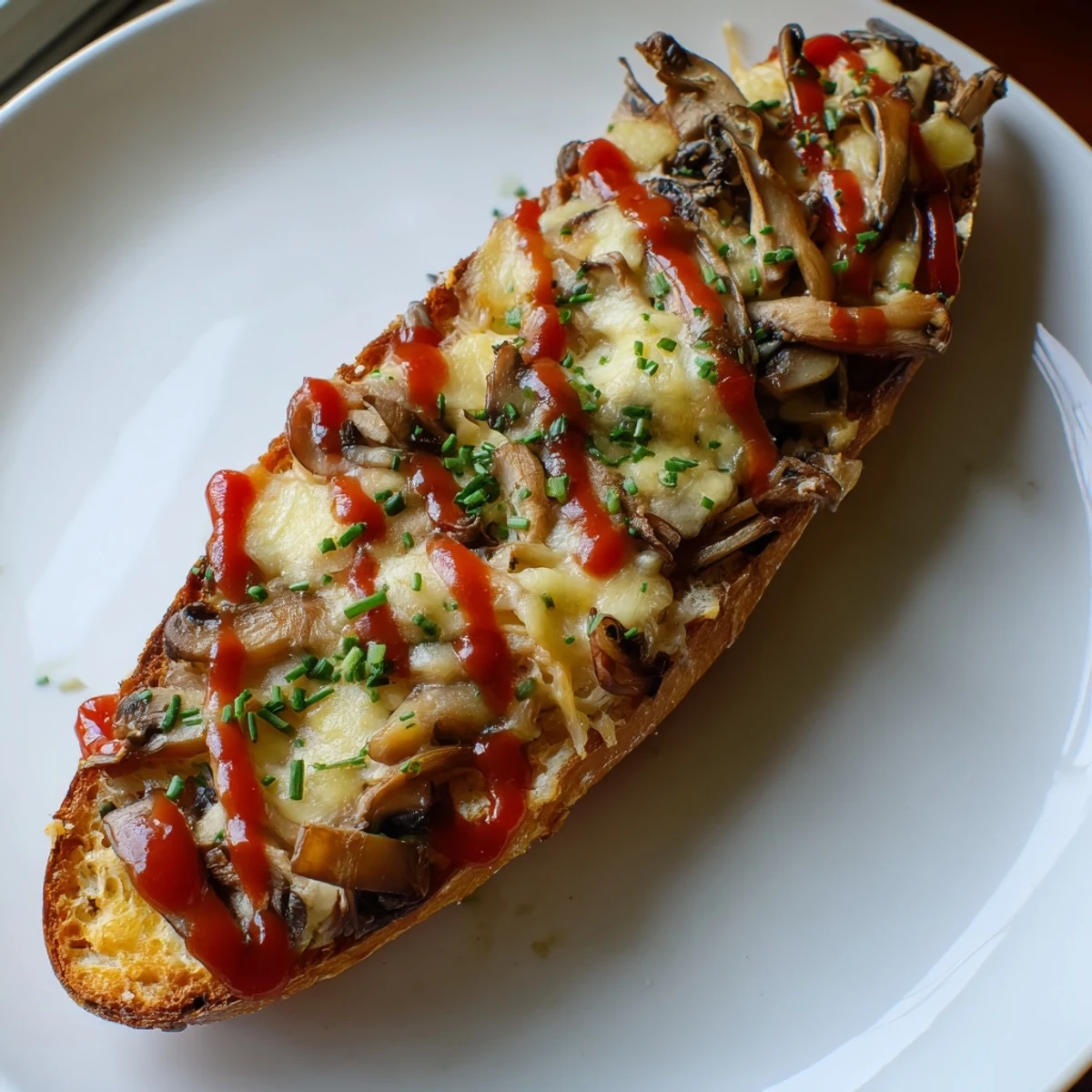 Świeżo upieczona zapiekanka z frytkownicy powietrznej, z roztopionym serem i aromatycznymi grzybami.