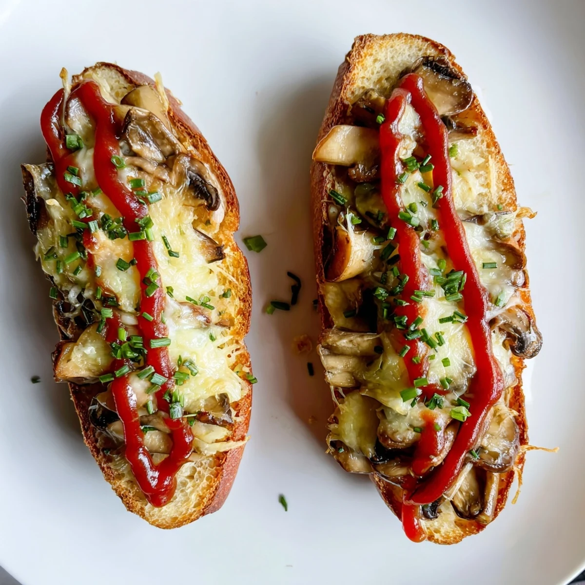 Kruche kromki zapiekanki z frytkownicy powietrznej, z bąbelkami, zatopionymi w roztopionym serze i złocistymi pieczarkami.