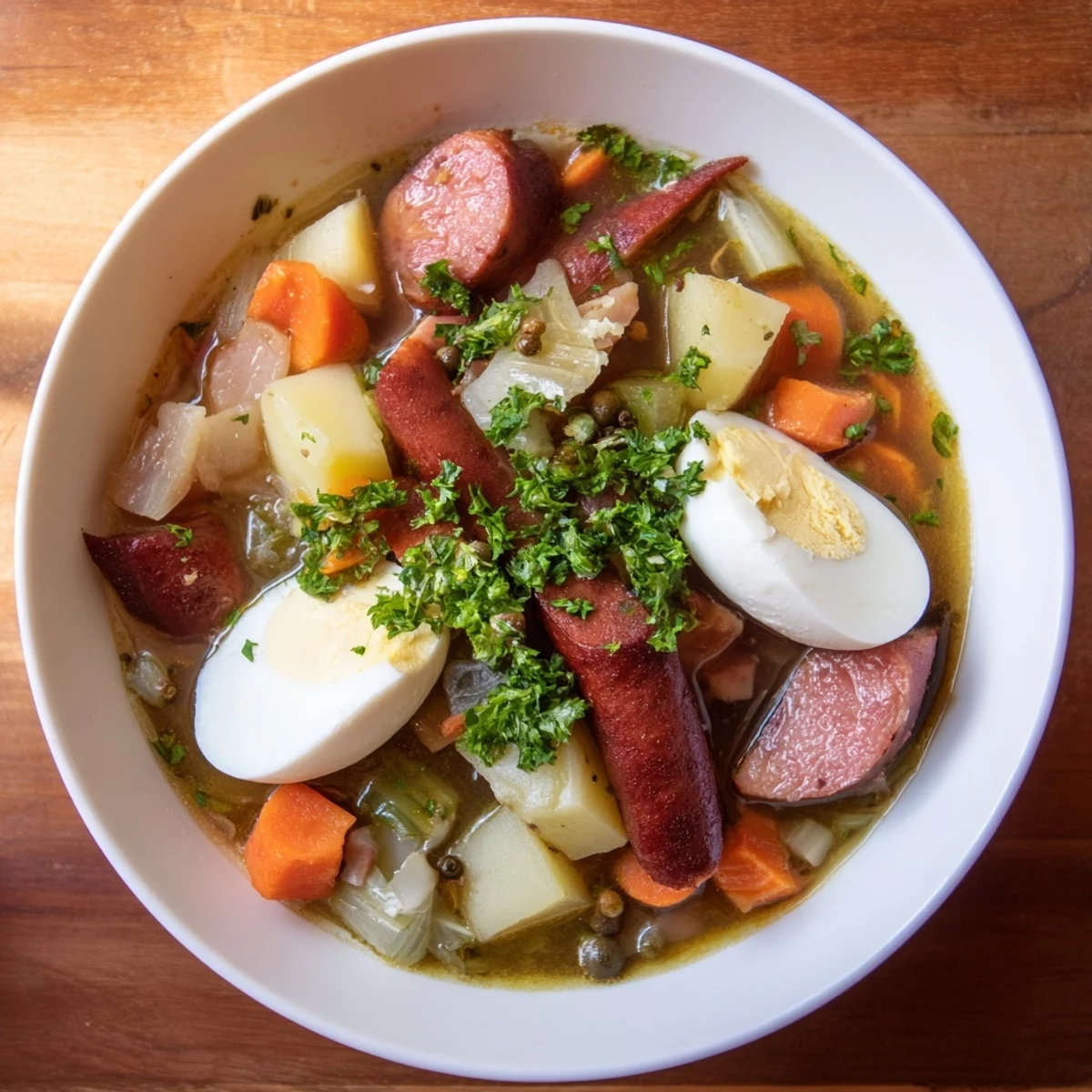 Hearty Polish Żurek soup, rich with smoked meats and vegetables, served with fresh parsley.