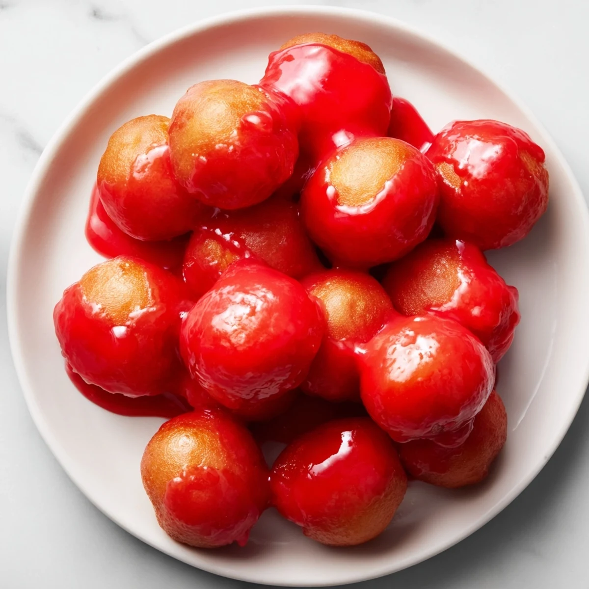 Perfectly round mini Pączki Holes, coated in a bright cherry glaze, ready to be enjoyed.