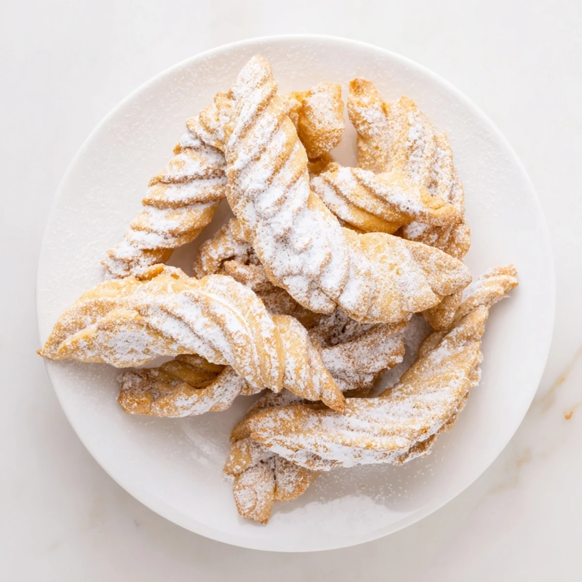 Golden-brown 5-Minute Angel Wing Cookies, a Polish dessert, lightly dusted with powdered sugar.