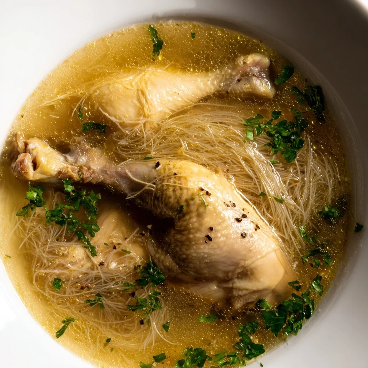 A steaming bowl of Rosół, a classic Polish chicken soup with tender vegetables and noodles.