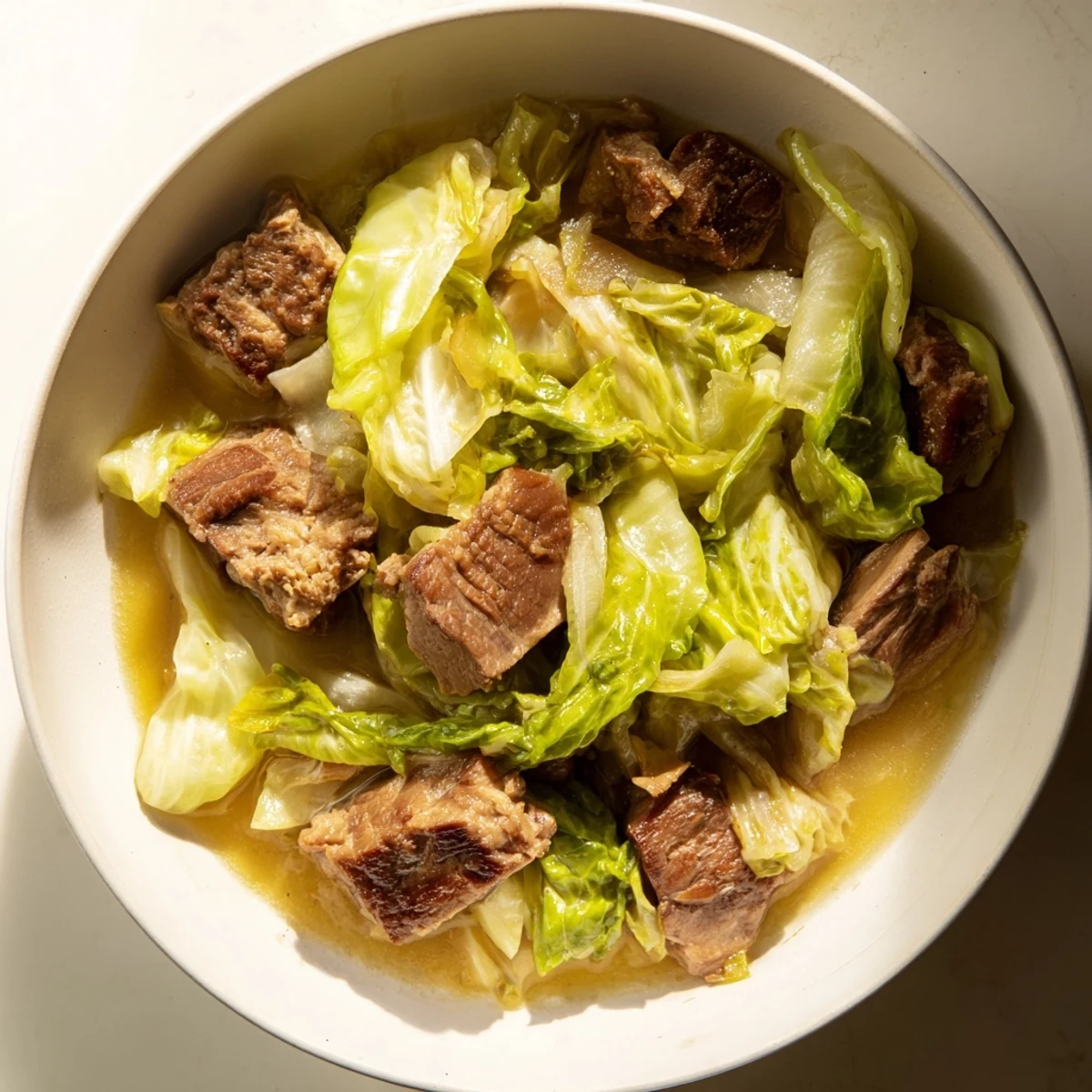 Gotowy gulasz z kapusty i wieprzowiny, z soczystym mięsem i dymnym aromatem w gotującej się misce.