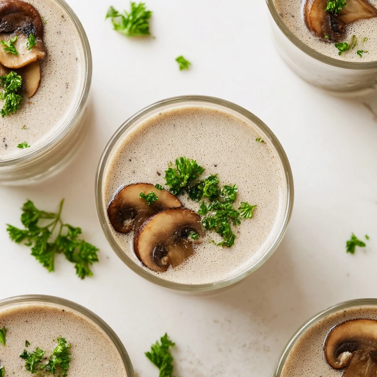 A close up shows the rich, smooth texture of the Express Polish Mushroom Soup served in small shot glasses.