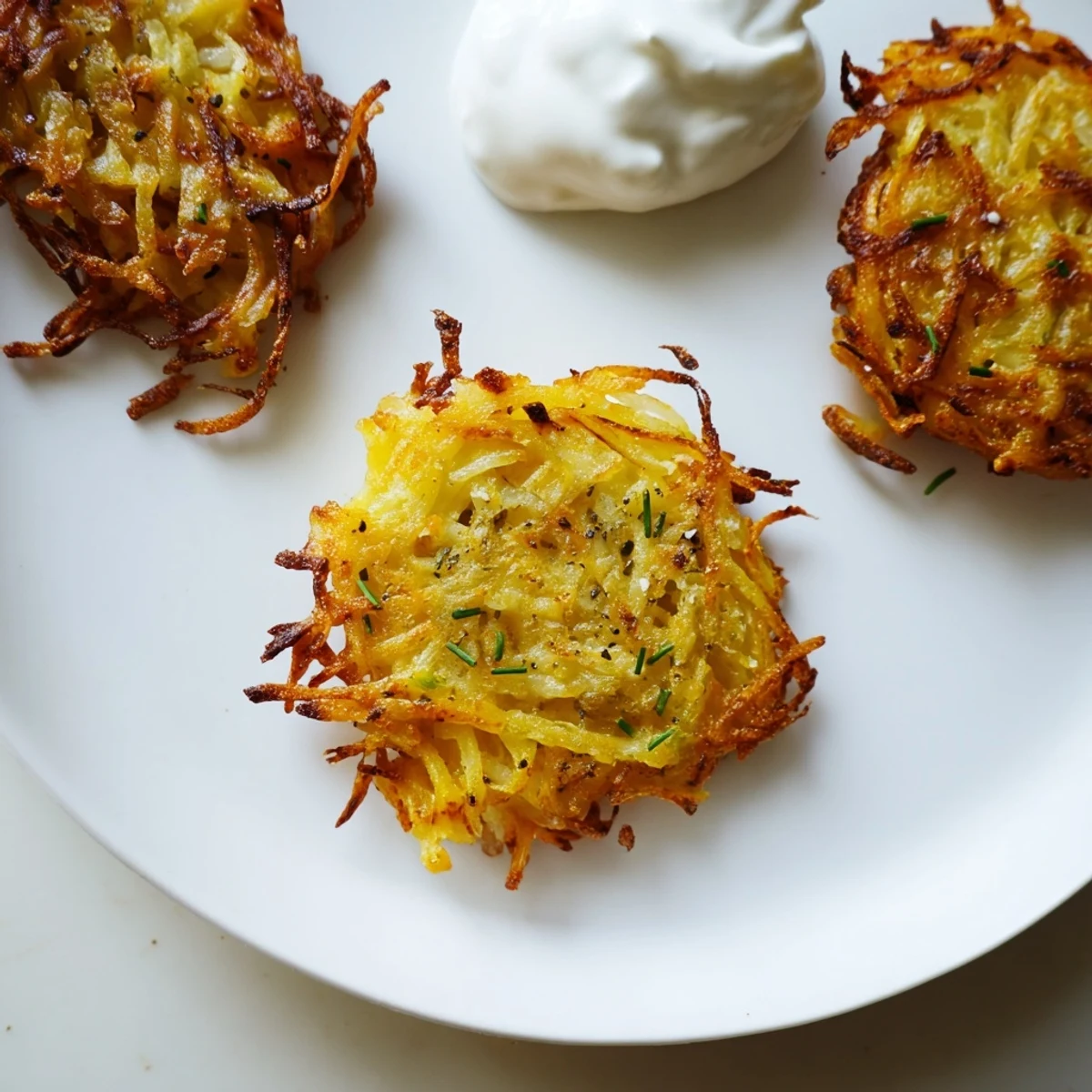 Golden-brown Air Fryer Placki appetizer, served warm with sour cream and fresh herbs atop.