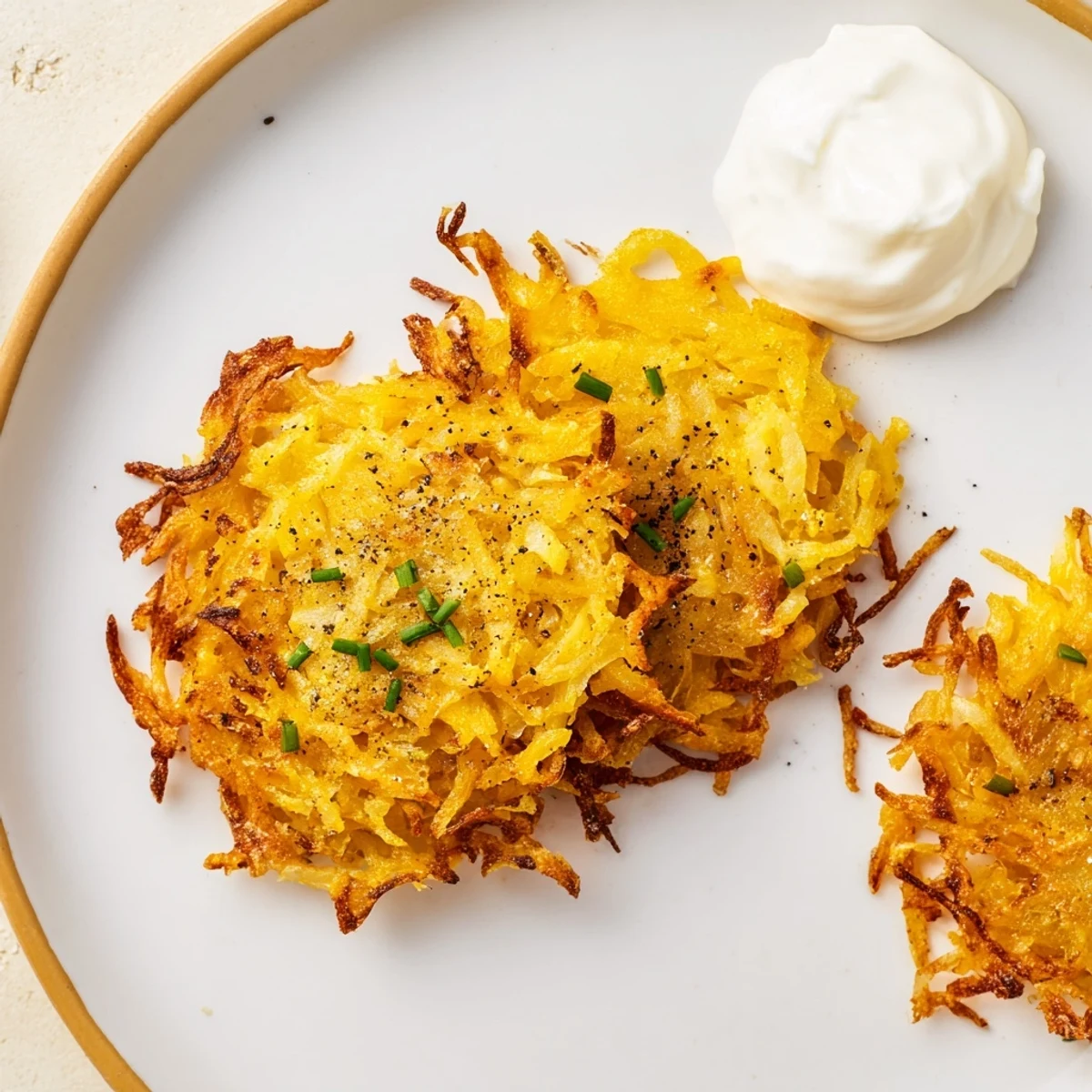Mouthwatering close-up of Air Fryer Placki, a Polish potato pancake, perfect with applesauce.