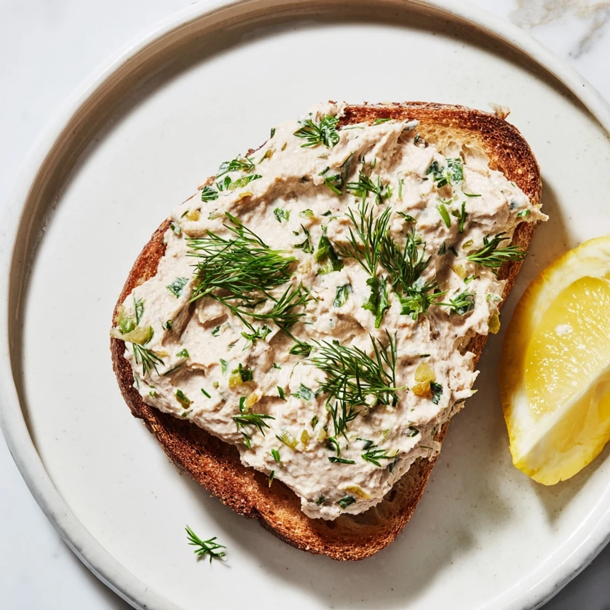 Creamy Simplified Carp Pâté Tartine, spread on toasted bread, garnished with fresh herbs and lemon.