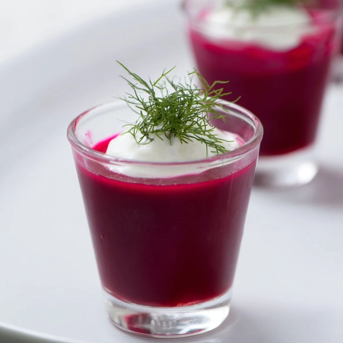 Bright red Quick Barszcz Shooters, chilled and garnished with fresh dill, ready to serve.