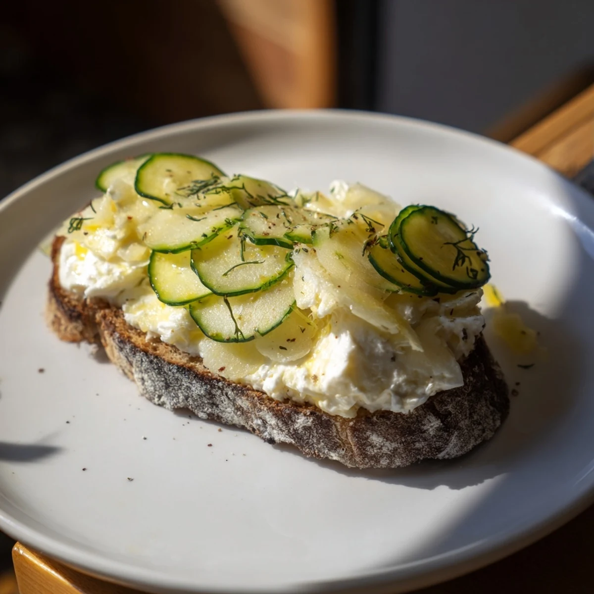 Golden toasted rye bread with creamy farmers cheese and fresh Żytniak Tartine, a Polish delight.