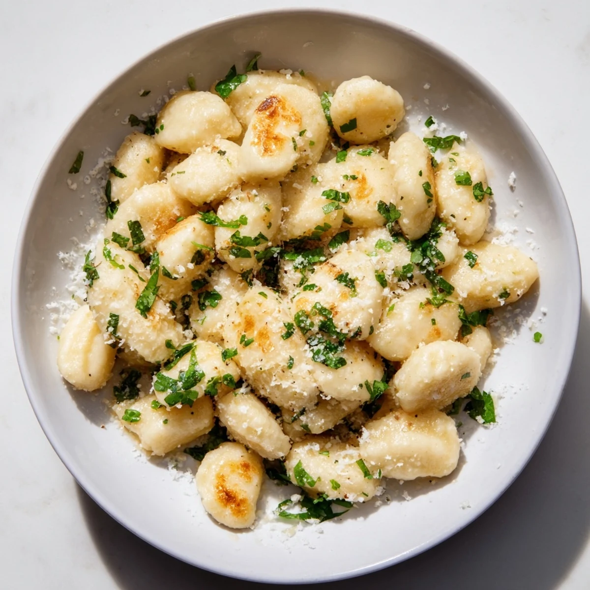 Tender, golden Lightened Kluski Appetizer dumplings ready to be sprinkled with fresh herbs for serving.