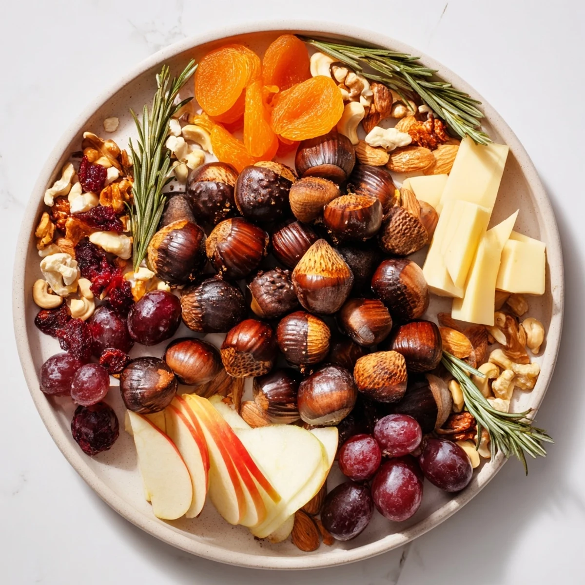 Squirrels Acorn Hoard Platter: a beautifully arranged appetizer with golden roasted acorns and fresh fruit.