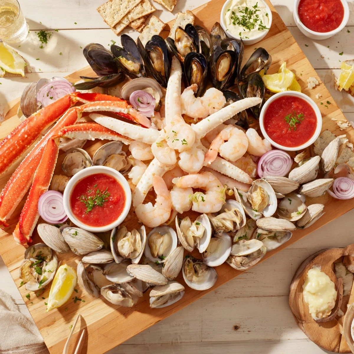 Elegancka deska z przystawkami w kształcie gwiazdy i muszli, prezentująca świeże owoce morza.