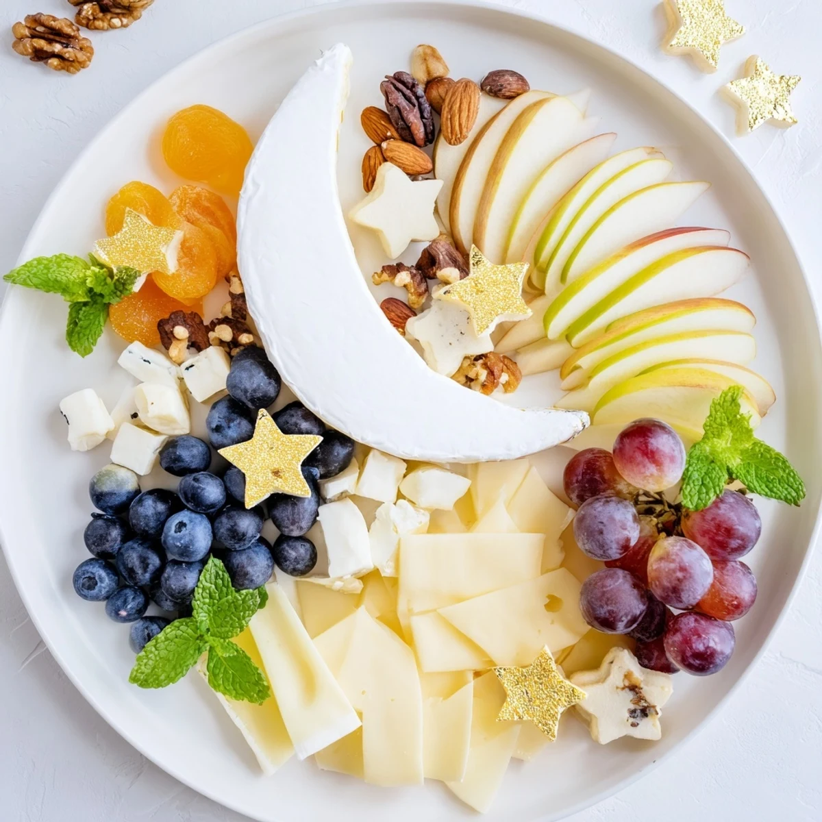 A delicious Moon & Stars Night Board featuring crescent moon brie, perfect for festive gatherings.