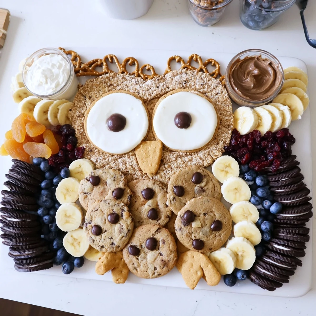 Owl Hooting Dessert Board with chocolate, cookies, and fruit beautifully displayed for your party.