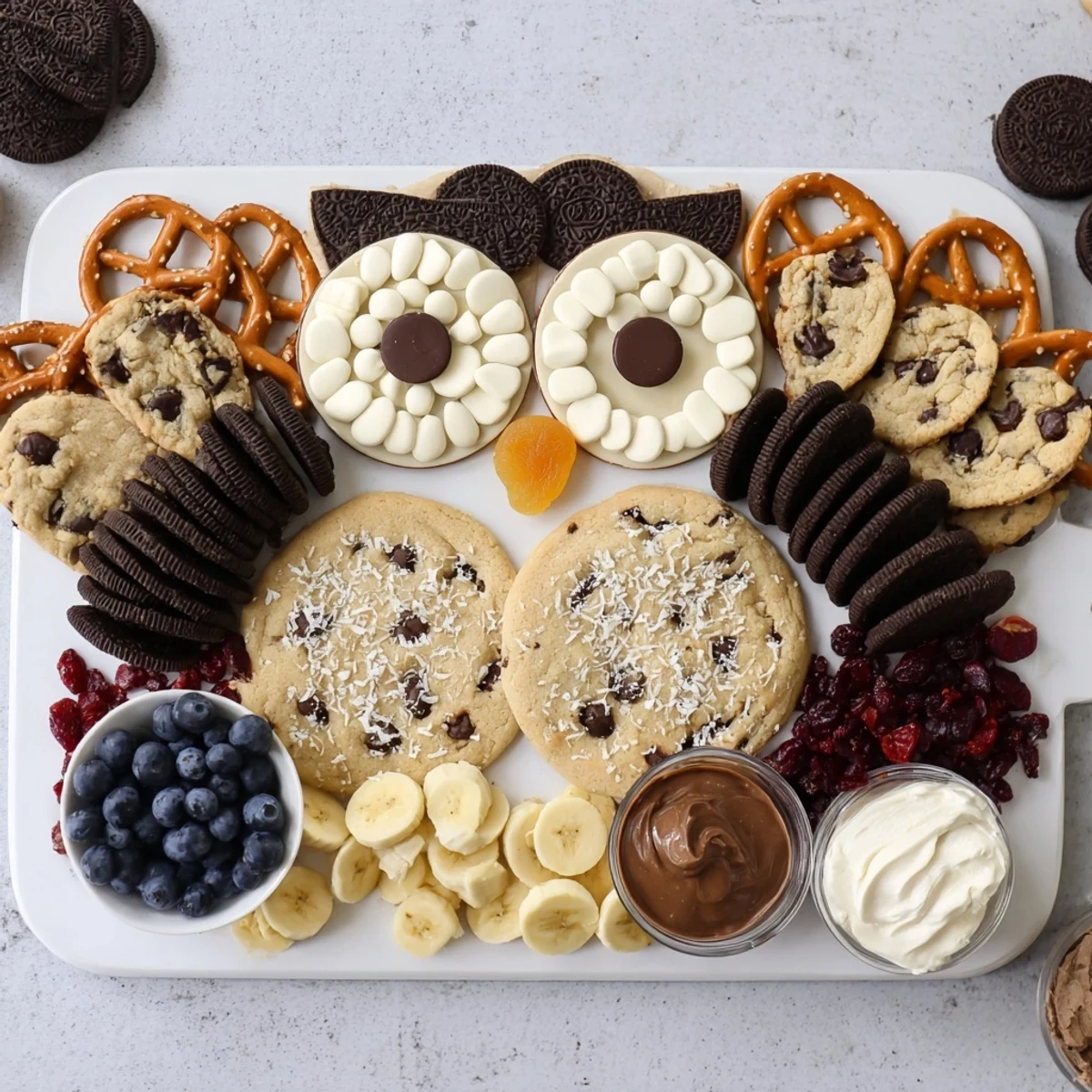 Enjoy this easy-to-assemble Owl Hooting Dessert Board, ideal for kids' parties or a fun snack.